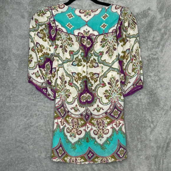 Nicole Miller 6 Small Shirt Top Green Paisley Short Sleeve Round Neck Keyhole - Picture 4 of 5